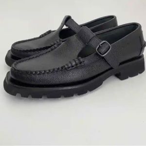 Hereu Shoes Loafer Alber Sport Black Pebble Leather Mary Jane Buckle Lug NWOB